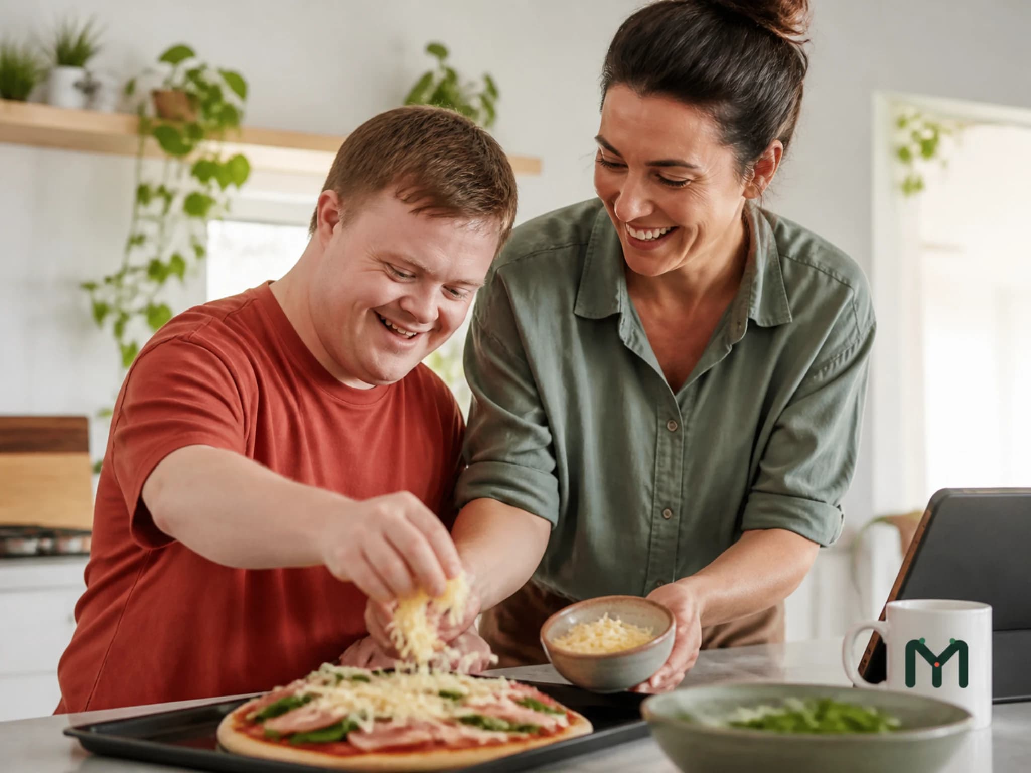 An adult and practitioner completing a practical everyday task inside a home