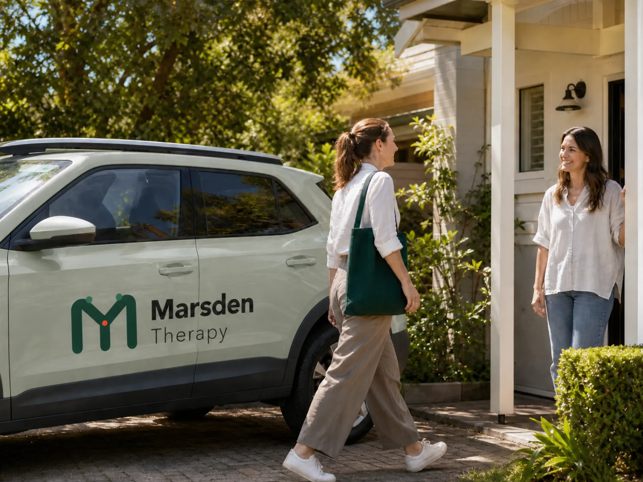 A Marsden Therapy vehicle arriving for a home visit as a practitioner approaches the entrance